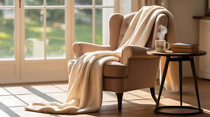 Fototapeta premium Cozy armchair draped with a warm blanket, bathed in soft sunlight from a large window, inviting relaxation.