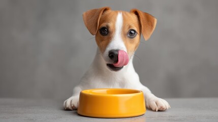 Adorable puppy with orange bowl, playfully licking its nose in a cozy indoor setting, exuding charm and cuteness, perfect for pet-related content