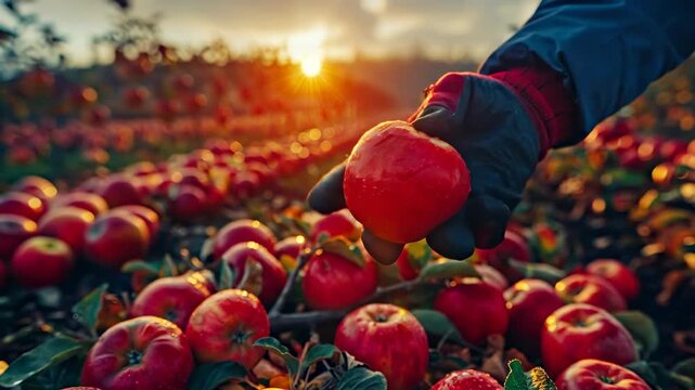 Hand picking apple from orchard. A gloved hand carefully picks a fresh red apple in the sunlight.