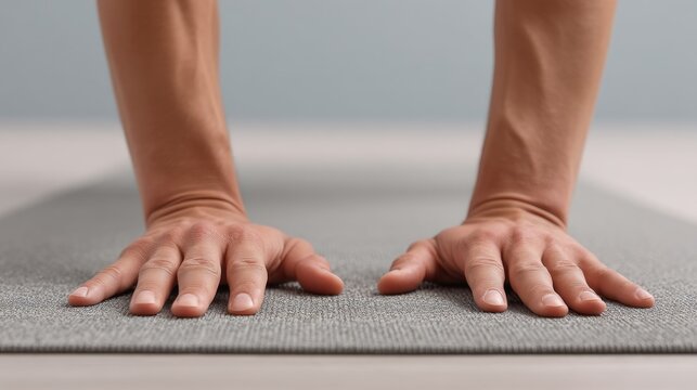 Close-Up of Hands in Push-Up Position on Yoga Mat Reflecting Strength and Focus in Fitness Environment for Health and Wellness Stock Photo