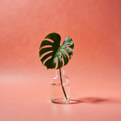 Monstera leaf in glass vase on red background