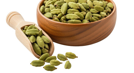 Green Cardamom Pods In Wooden Bowl © reged