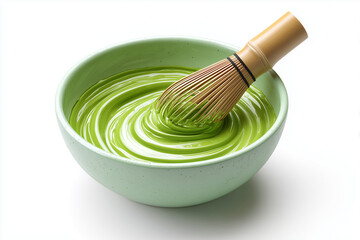 A matcha whisk creating a vortex of green foam in a bowl, 3D render, isolated on a white background.
