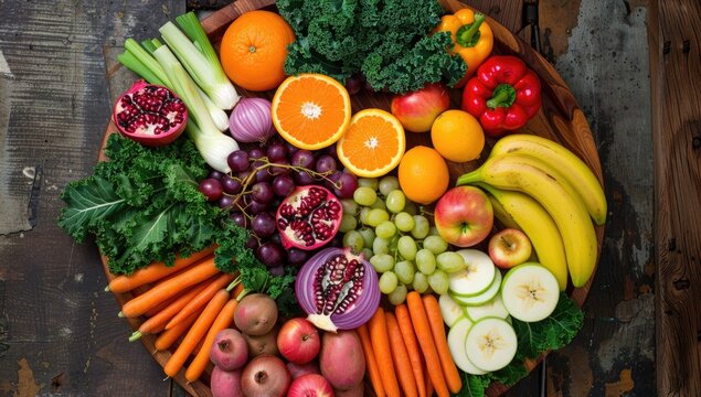A vibrant array of fresh fruits and vegetables artfully arranged on a rustic wooden platter, showcasing a spectrum of colors and textures - Powered by Adobe