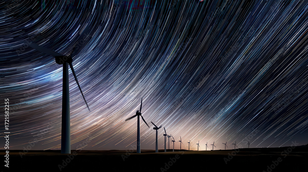Poster long exposure night sky with star trails above row of wind turbines on dark landscape creating dynam