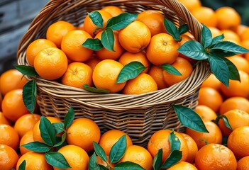 A brimming wicker basket overflowing with fresh, juicy oranges, vitamin c, stock photo