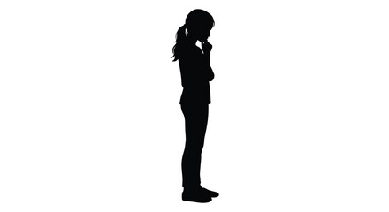 Silhouette of a young woman standing thoughtfully with hand to chin