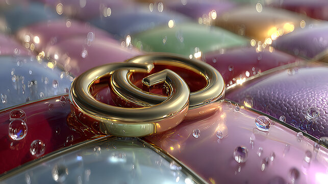 Intertwined golden rings symbolizing love and commitment resting on a textured, colorful surface with water droplets.