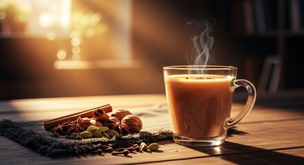 Cozy scene of spiced chai tea with cinnamon sticks and star anise on table