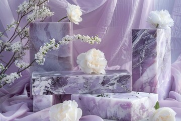 Pastel Purple and White Stone Marble Display Set for Product Background Decorate with White Flower