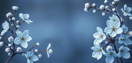 Delicate winter floral frame; icy blue & white blossoms, frosted leaves, elegant border,  celebration,  christmas