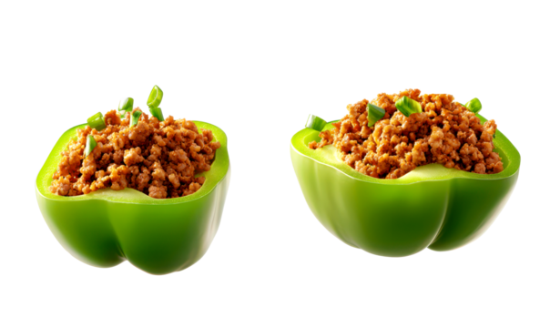 Stuffed Bell Peppers with Ground Meat Filling on Display Isolate on Transparent Background, cutout, png