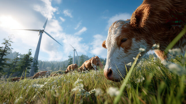 Cow grazing in green meadow with wind turbine and forest under blue sky on sunny day