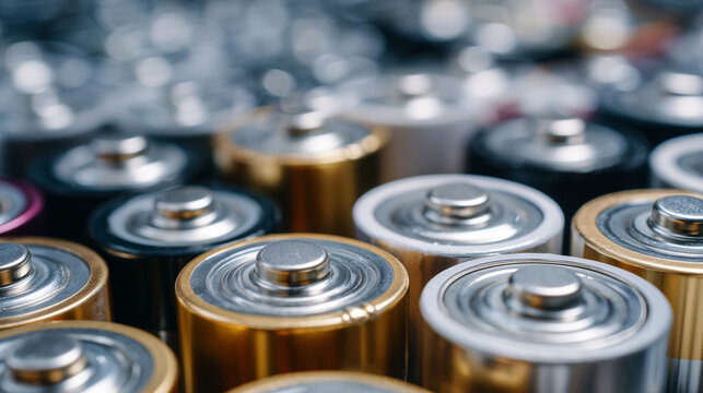 Close-up of batteries arranged haphazardly, soft reflections on metallic tops, shallow depth of field blurring background for focus on foreground