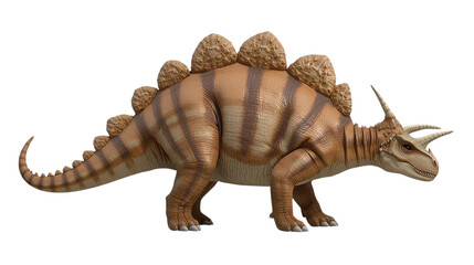 Brown striped dinosaur walks with PNG transparent background for educational materials or children's posters.