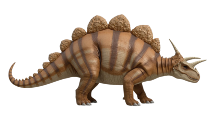 Brown striped dinosaur walks with PNG transparent background for educational materials or children's posters.