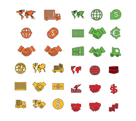Various business and global trade icons arranged in a grid pattern on a white background surface, A set of icons for team collaboration: people in a meeting, handshake, shared document