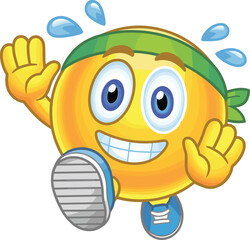 Running emoji with sweat drops, wearing a green headband and sneakers, waving its hand with a happy, active expression. Flat vector illustration