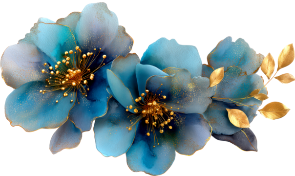 Elegant Alcohol Ink Blue Flower Clipart Decorative Element for Design Isolate on Transparent Background, cutout, png
