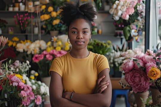 Vibrant Color Picture of Confident African American Flower Shop Owner