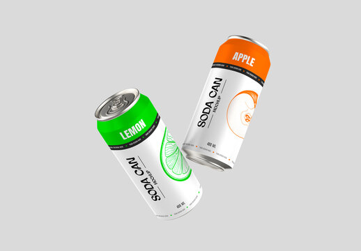 Two Realistic Soda Cans Mockup for Branding & Packaging
