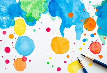 Vibrant watercolor paint splatters on textured paper, art supplies visible,  creative,  technique