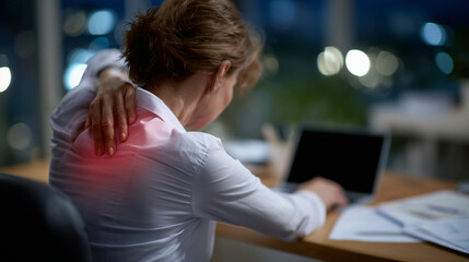 Side close-up of woman adjusting posture painfully, digital red spine highlighting thoracic strain, paperwork scattered on desk