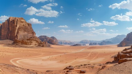 Fototapeta premium Panoramic view of a vast, arid desert landscape under a vibrant blue sky. Sand dunes and rock formations dominate the scene, with a road winding through the expanse