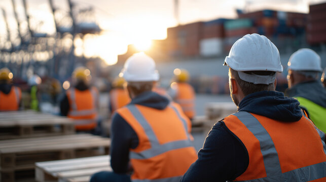 Group of workers sitting on pallets and concrete blocks, helmets and safety gear visible, warm sunlight illuminating scene, blank space for text overlay