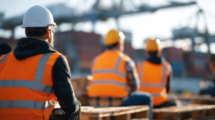 Group of workers sitting on pallets and concrete blocks, helmets and safety gear visible, warm sunlight illuminating scene, blank space for text overlay