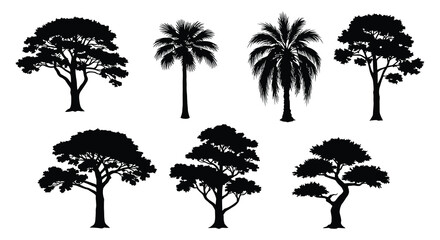 Silhouettes of various tropical trees and foliage in a dark design