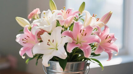 Pink and white lily flowers