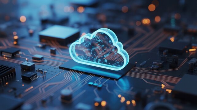 Cloud Data Fusion: A glowing cloud symbol sits atop a circuit board, signifying the fusion of technology and data in a digital landscape. This image captures the essence of modern digital innovation.