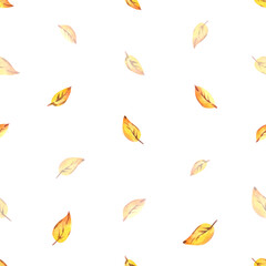 Minimal seamless pattern with small autumn leaves in warm tones, hand-painted watercolor illustration for elegant seasonal wrapping, textiles, digital backgrounds, and surface design projects.