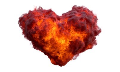 Fiery Heart with Flames and Smoke Isolate on Transparent Background, cutout, png