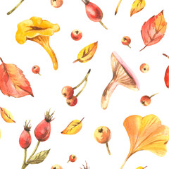 Hand-painted watercolor illustration seamless pattern with mushrooms, autumn leaves, and rose hips, designed for seasonal packaging, wrapping, wallpaper, and creative surface decoration.