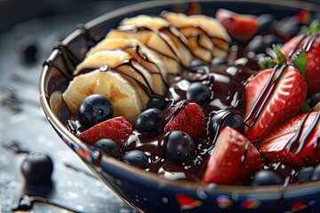Ultra Hd Image of Acai Bowl with Fruit and Chocolate Syrup, Generative Ia