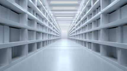 In a clean, minimalist storage facility, endless white shelves line a long aisle, creating an abstract scene that emphasizes organization, modern design, and the commercial storage environment's