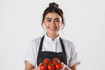 Sharp Picture of Front View Smiling Female Cook in Apron Holding Up Tomatoes