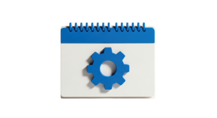 Isolated blue gear on top of a blank calendar sheet, symbolizing scheduling and tasks, planning