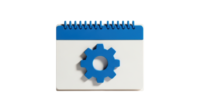 Isolated blue gear on top of a blank calendar sheet, symbolizing scheduling and tasks, planning - Powered by Adobe