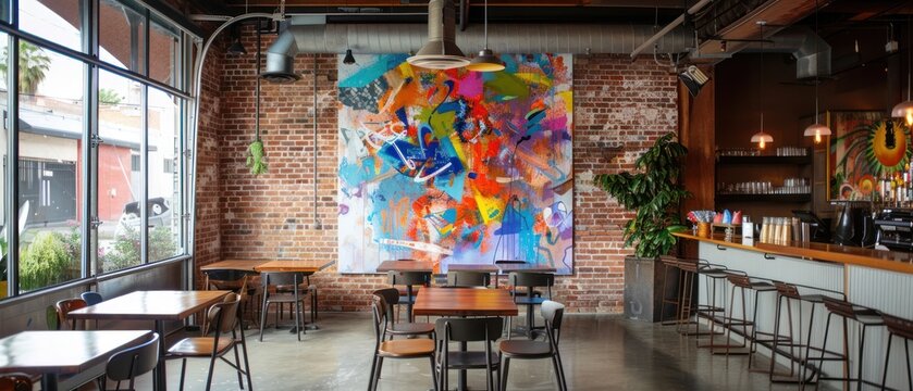 Cafe interior with colorful mural