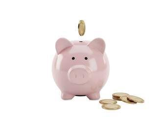 Pink Piggy Bank With Gold Coin Deposit