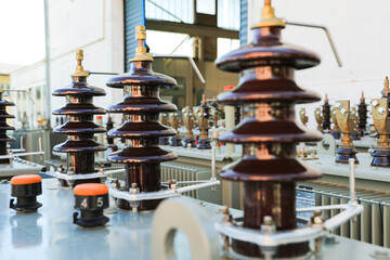 High voltage ceramic insulators on power distribution transformer in electrical substation