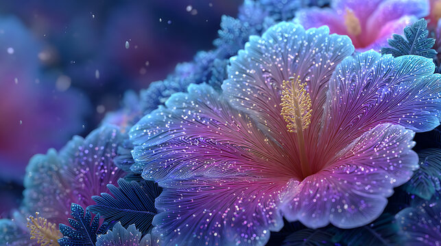 Magical glowing flowers with shimmering dew drops in a dreamy, mystical garden at night