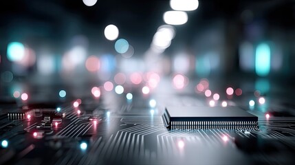 Abstract Blue Technology Circuit Board with Integrated Chip and Bokeh Lights on Dark Background Concept Design