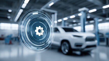 Fototapeta premium Advanced Automotive Technology Concept Featuring Gear Icon in Modern Car Repair Shop with Blurred Background and Futuristic User Interface Elements