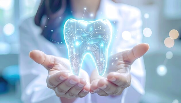 Woman Holding Holographic Tooth Image in Hands.
