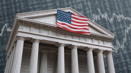 Historic courthouse building with American flag flying prominently, behind a backdrop of stock market data reflecting economic trends and financial growth.