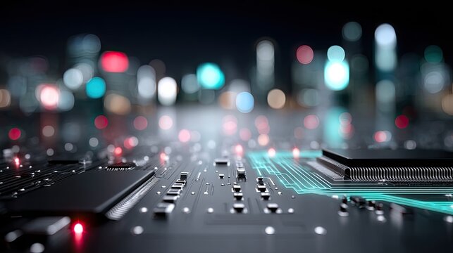 Abstract Circuit Board with Blue Glowing Lines and Cityscape Backdrop at Night - Powered by Adobe